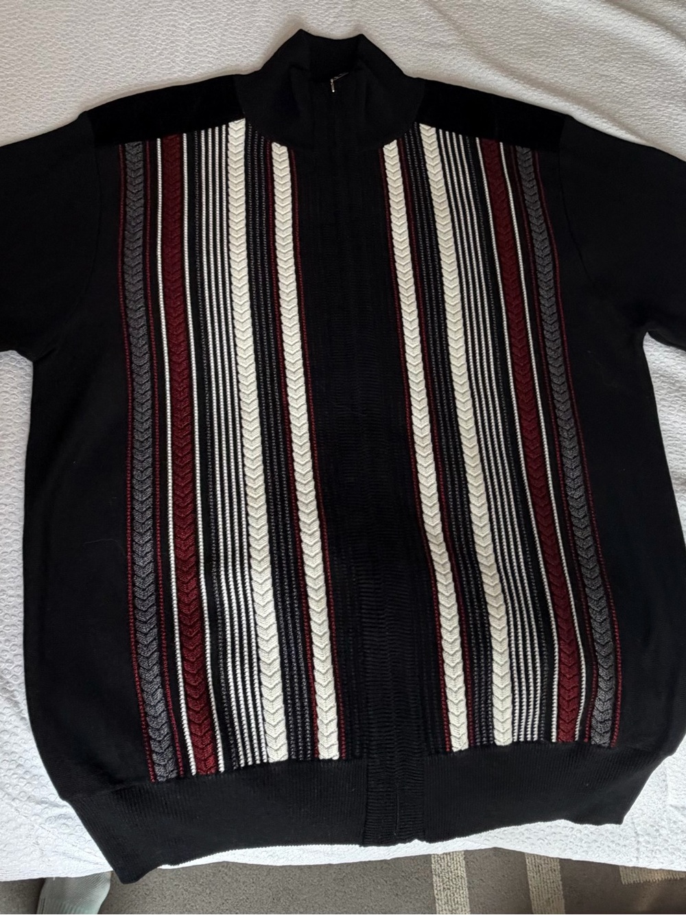 Michael Irvin 88 Men's Zip-Up Sweater- Black with Burgundy & White Stripes